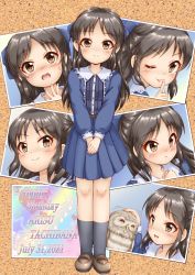 Rule 34 | 1girl, :d, :o, ;p, animal, bird, black hair, black socks, blue bow, blue shirt, blue skirt, blush, bow, brown eyes, brown footwear, character name, closed mouth, commentary request, dated, hair bow, happy birthday, highres, idolmaster, idolmaster cinderella girls, loafers, long hair, long sleeves, one eye closed, open mouth, owl, own hands together, parted bangs, parted lips, petting, photo (object), pleated skirt, puffy long sleeves, puffy sleeves, regular mow, shirt, shoes, skirt, smile, socks, solo, tachibana arisu, tongue, tongue out, v-shaped eyebrows, very long hair