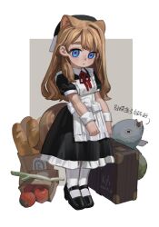 Rule 34 | 1girl, animal ears, apron, artist name, bag, beret, black dress, black footwear, black hat, blue eyes, border, bread, brown hair, case, cat ears, chinese text, dated, dress, fish, food, full body, grey background, hat, highres, kofi-mo, long hair, maid, maid apron, mary janes, neck ribbon, original, outside border, pantyhose, paper bag, puffy short sleeves, puffy sleeves, red ribbon, ribbon, shoes, short sleeves, signature, solo, spring onion, standing, tomato, white apron, white border, white pantyhose, wrist cuffs