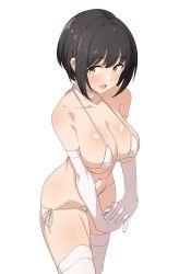 Rule 34 | 1girl, absurdres, bikini, black hair, breasts, character request, choker, collarbone, elbow gloves, gloves, highres, idolmaster, interlocked fingers, large breasts, looking at viewer, navel, open mouth, own hands together, seihekiog, short hair, solo, swimsuit, thighhighs, white background, white bikini, white choker, white gloves, white thighhighs, yellow eyes