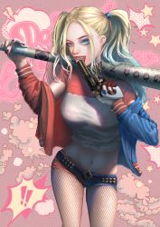 Rule 34 | 1girl, absurdres, baseball bat, batman (series), blonde hair, blue eyes, blue hair, breasts, colored tips, dc comics, fishnet pantyhose, fishnets, gun, harley quinn, highres, jacket, long hair, makeup, matching hair/eyes, multicolored hair, one eye closed, pantyhose, rope, short shorts, shorts, solo, suicide squad, twintails, weapon, wink