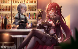 Rule 34 | 2girls, :d, ahoge, alcohol, artist name, bartender, blush, bottle, breasts, chalice, cleavage, closed mouth, cup, dress, drinking glass, earrings, eden (honkai impact), grey hair, grey jacket, holding cup, honkai (series), honkai impact 3rd, indoors, jacket, jewelry, kagurinne, large breasts, long hair, long sleeves, looking at viewer, multiple girls, open mouth, pantyhose, purple dress, raven (honkai impact), red eyes, red hair, short hair, sitting, smile, stool, wine, wine bottle, wine glass, yellow eyes