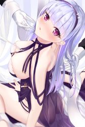 Rule 34 | 1girl, azur lane, bare shoulders, between breasts, blunt bangs, blush, breasts, cleavage, commentary request, dido (anxious bisque doll) (azur lane), dido (azur lane), dress, from side, gloves, hairband, highres, holding, holding own hair, large breasts, long hair, long sleeves, looking at viewer, looking to the side, megumi kei, official alternate costume, open mouth, purple dress, purple eyes, purple hairband, shawl, silver hair, sitting, sleeveless, sleeveless dress, solo focus, wariza, white gloves