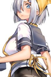 Rule 34 | 1girl, apron, ass, blue eyes, blush, breasts, embarrassed, from behind, hair over one eye, hamakaze (kancolle), hat, kantai collection, kei (soundcross), large breasts, looking at viewer, looking back, no pants, panties, panties under pantyhose, pantyhose, sailor collar, school uniform, serafuku, short sleeves, silver hair, simple background, solo, underwear, upper body, white background, yellow hat