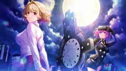 Rule 34 | 2girls, ahoge, arcueid brunestud, armor, armored dress, blonde hair, building, cloud, dress, fate/grand order, fate (series), goggles, goggles on head, holding, holding shield, holding weapon, looking at viewer, looking back, mash kyrielight, moon, multiple girls, night, night sky, nonomaro, purple eyes, purple hair, red eyes, shield, shirt, short hair, sky, smile, standing, tsukihime, weapon