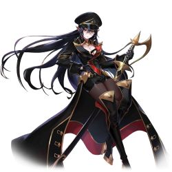 Rule 34 | 1girl, artist request, avencia, black hair, boots, breasts, cleavage, elf, gloves, hair between eyes, hat, high heel boots, high heels, holding, holding sword, holding weapon, large breasts, long hair, long sleeves, looking at viewer, official art, pantyhose, pointy ears, red eyes, scar, scar on face, sheath, sheathed, shorts, solo, sword, thigh boots, thighhighs, transparent background, valkyrie connect, very long hair, weapon