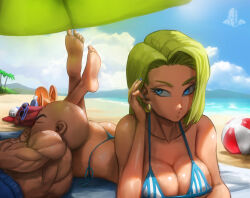 Rule 34 | 1boy, 1girl, absurdres, android 18, ball, beach, beachball, bikini, blonde hair, blue eyes, breasts, cleavage, couple, day, dragonball z, earrings, expressionless, head on ass, highres, jewelry, kuririn, large breasts, looking back, palm tree, shiny skin, sleeping, sleeping on person, sunglasses, swimsuit, thong bikini, tree, umbrella, water
