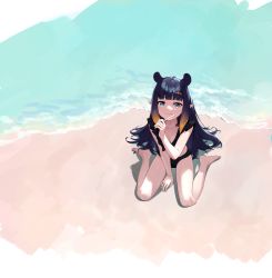 Rule 34 | 1girl, absurdres, animal ears, beach, between legs, bikini, black bikini, black hair, blue eyes, commentary, extra ears, hair ornament, hand between legs, hand up, highres, holding, holding stick, hololive, hololive english, huge filesize, kojy, long hair, looking at viewer, multicolored hair, ninomae ina&#039;nis, orange hair, pointy ears, sand, sitting, solo, stick, streaked hair, swimsuit, very long hair, virtual youtuber, wariza, water