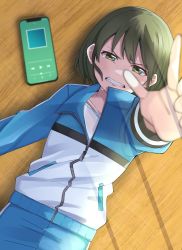 Rule 34 | 1girl, bad id, bad twitter id, blue jacket, blue pants, cellphone, clenched teeth, commentary request, dot nose, from above, gakuto 96, green eyes, green hair, half-closed eyes, highres, idolmaster, idolmaster shiny colors, jacket, long sleeves, looking ahead, lying, nanakusa nichika, on floor, outstretched hand, pants, phone, shirt, short hair, smartphone, solo, sweat, tearing up, tears, teeth, track jacket, v-shaped eyebrows, white shirt, wooden floor