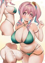 Rule 34 | 1girl, absurdres, aqua hair, armpit crease, ass, bikini, blush, breasts, cleavage, collarbone, commentary, criss-cross halter, cropped arms, cropped legs, cropped torso, cum, earrings, fingernails, flower, from side, green bikini, groin, hachi (888hachi), hair between eyes, hair flower, hair intakes, hair ornament, halterneck, highres, hoop earrings, hozuki kaede, jewelry, large breasts, long fingernails, looking at viewer, multicolored hair, multiple views, nail polish, navel, necklace, nipples, nude, onii-chan wa oshimai!, pink eyes, pink hair, pink nails, raised eyebrows, side ponytail, smile, solo focus, stomach, suggestive fluid, swimsuit, teeth, thighs, two-tone hair, yellow background