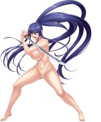Rule 34 | 00s, 1girl, absurdres, action taimanin, akiyama rinko, aoi nagisa (metalder), barefoot, blue hair, blush, breasts, fighting stance, full body, game cg, highres, large breasts, lilith-soft, long hair, looking at viewer, no pussy, nude, official art, solo, standing, tachi-e, taimanin (series), taimanin asagi, taimanin yukikaze, taimanin yukikaze 2, transparent background, very long hair, weapon