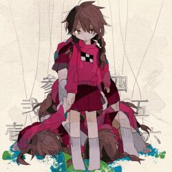 Rule 34 | 6+girls, braid, brown hair, clone, closed mouth, commentary request, full body, holding hands, long sleeves, looking at viewer, madotsuki, multiple girls, noyuu, on ground, pile of corpses, pink eyes, pink sweater, pleated skirt, red skirt, screentones, skirt, standing, sweater, thighhighs, twin braids, twintails, white thighhighs, yume nikki