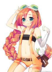 Rule 34 | 1girl, arm up, bandeau, bare shoulders, belt, blush, braid, cowboy shot, flat chest, galaxy dungeon, glasses, goggles, goggles on head, long hair, mechanical arms, navel, orange hair, pouch, sazaki ichiri, short shorts, shorts, simple background, single braid, single mechanical arm, solo, strapless, tube top, very long hair, white background, wrench