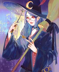 Rule 34 | 10s, 1girl, blue hair, broom, glasses, hat, little witch academia, long hair, red eyes, solo, ursula callistis, wand, witch, witch hat