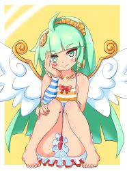 Rule 34 | 1girl, barefoot, blush, brave dungeon, closed mouth, cougar (cougar1404), detached sleeves, dress, green eyes, green hair, legs, long hair, looking at viewer, majin shoujo, smile, solo, stoj, wings