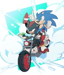 Rule 34 | 2boys, absurdres, chaos emerald, clenched hand, full body, furry, furry male, gem, gloves, green eyes, highres, holding, holding gem, male focus, motor vehicle, motorcycle, multiple boys, red eyes, red footwear, shadow the hedgehog, shadow the hedgehog (game), smirk, sonic (series), sonic the hedgehog, teeth, unneul, white gloves