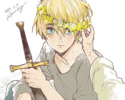 Rule 34 | 1boy, blonde hair, blue eyes, closed mouth, dated, father&#039;s day, flower, gensou suikoden, gensou suikoden v, looking at viewer, male focus, natsuo (hatohaco), simple background, sword, weapon, white background