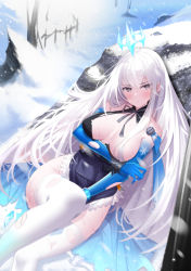 Rule 34 | 1girl, absurdres, arm under breasts, bare shoulders, blush, breasts, breasts apart, cape, closed mouth, dress, elbow gloves, frills, gloves, grey eyes, hair between eyes, halo, highres, jitome, large breasts, long hair, looking at viewer, otakummm, outdoors, pouty lips, sitting, snow, thighhighs, torn clothes, tower of fantasy, very long hair, white hair, white thighhighs, zettai ryouiki