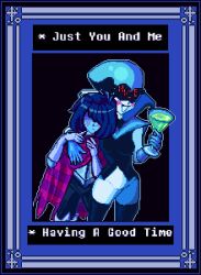 Rule 34 | 1990s (style), 1boy, 1girl, age difference, alcohol, blush, boots, cocktail glass, cup, dark, deltarune, dithering, drink, drinking glass, fantasy, framed, glass, high heel boots, high heels, hug, kris (deltarune), lilian duleroux, onee-shota, pixel art, queen, queen (deltarune), retro artstyle, smug, thighhighs