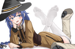 Rule 34 | 1girl, absurdres, blue eyes, blue hair, blush, boots, feet, highres, long hair, looking at viewer, lts kakuyo, lying, mushoku tensei, on stomach, open mouth, roxy migurdia, shoes, soles, the pose, thighhighs, unworn boots, unworn shoes, white thighhighs