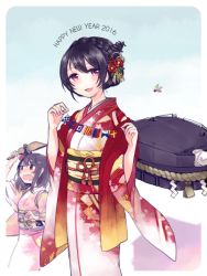 Rule 34 | 10s, 2016, 2girls, :d, :o, bad id, bad pixiv id, black hair, blush, braid, fusou (kancolle), hair ornament, hair up, happy new year, japanese clothes, kantai collection, katagiri (mighty swing), kimono, looking at viewer, multiple girls, new year, open mouth, paddle, red eyes, rope, shide, shimenawa, short hair, signal flag, smile, string of flags, turret, yamashiro (kancolle)