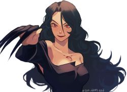 Rule 34 | 1girl, armpit peek, artist request, bad id, bad pixiv id, bare shoulders, black dress, black hair, blurry, breasts, chest tattoo, claws, collarbone, curly hair, depth of field, dress, female focus, fullmetal alchemist, homunculus, large breasts, lips, lipstick, long hair, looking at viewer, lust (fma), makeup, neck, off shoulder, outstretched arm, red eyes, red lips, simple background, smile, solo, sun ah, tattoo, twitter username, upper body, very long hair, white background