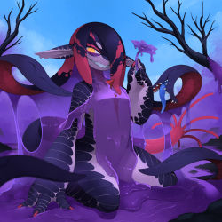 Rule 34 | 1girl, claws, colored skin, female focus, furry, furry female, grin, highres, kamukamu6392, monster girl, original, oversized forearms, oversized limbs, pointy ears, poison, purple skin, sharp teeth, sitting, slime (substance), smile, solo, teeth, tentacle hair, tentacles, wariza, yellow eyes