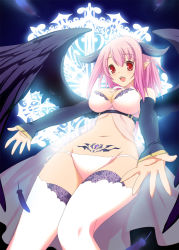 Rule 34 | 1girl, 47agdragon, black wings, breasts, glowing, highres, horns, large breasts, lingerie, long hair, markings, navel, outstretched arms, panties, pink hair, pixiv fantasia, pixiv fantasia 4, pointy ears, red eyes, solo, spread arms, thighhighs, underwear, wings