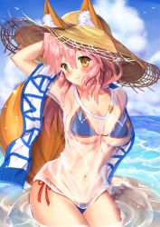 Rule 34 | 1girl, animal ears, bikini, blue bikini, blush, breasts, cleavage, closed mouth, cowboy shot, day, ears through headwear, fate/grand order, fate (series), fox ears, fox tail, hair between eyes, highres, large breasts, long hair, looking at viewer, mogupuchi, navel, ocean, pink hair, see-through, shirt, smile, solo, stomach, swimsuit, tail, tamamo (fate), tamamo no mae (fate/extra), tamamo no mae (swimsuit lancer) (fate), tamamo no mae (swimsuit lancer) (second ascension) (fate), wading, wet, wet clothes, wet shirt, white shirt, yellow eyes