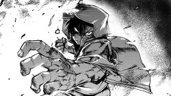 Rule 34 | 1boy, clenched hand, greyscale, hood, hood up, incoming attack, jacket, looking at viewer, male focus, monochrome, open clothes, open jacket, original, scar, shaded face, solo, tabigarasu (mahjong yuugen gaisha 58), upper body
