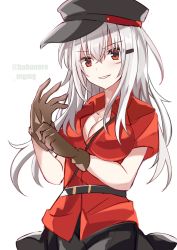 Rule 34 | 1girl, black hat, black skirt, brown gloves, cowboy shot, facial scar, fathom, gangut (kancolle), gangut dva (kancolle), gloves, grey hair, hat, highres, kantai collection, long hair, looking at viewer, peaked cap, red eyes, red shirt, scar, scar on cheek, scar on face, shirt, short sleeves, simple background, skirt, solo, twitter username, white background