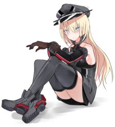 Rule 34 | 10s, 1girl, artist request, bad id, bad twitter id, bare shoulders, bismarck (kancolle), blonde hair, blue eyes, blush, breasts, detached sleeves, fujibejifu, full body, grey thighhighs, hat, kantai collection, long hair, peaked cap, sitting, solo, thighhighs, white background