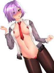 Rule 34 | 1girl, absurdres, between breasts, black legwear, blush, breasts, clyde s, commentary, fate/grand order, fate (series), grey jacket, hair over one eye, heart pasties, highres, jacket, large breasts, light purple hair, long sleeves, looking at viewer, mash kyrielight, meme attire, navel, pasties, purple eyes, red neckwear, reverse bunnysuit, reverse outfit, revision, short hair, simple background, solo, white background
