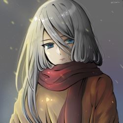 Rule 34 | 1girl, alternate costume, artist name, blue eyes, brown sweater, closed mouth, commentary request, hair between eyes, highres, long hair, mole, mole under mouth, nier (series), nier:automata, red scarf, scarf, silver hair, solo, sweater, wizwit, a2 (nier:automata)