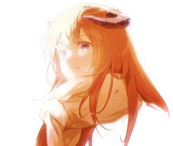 Rule 34 | 1girl, arknights, bagpipe (arknights), commentary, curled horns, dragon horns, highres, horns, looking at viewer, orange hair, orange scarf, purple eyes, qinglai haiji, scarf, simple background, smile, solo, symbol-only commentary, upper body, white background