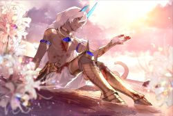 Rule 34 | 1boy, arjuna (fate), arjuna alter (fate), blood, fate/grand order, fate (series), flower, gloves, horns, long hair, male focus, meiji (meiji770), muscular, outstretched hand, sitting, smile, tail, water, white hair