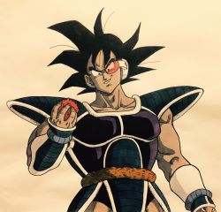 Rule 34 | 1boy, arm at side, armor, black eyes, black hair, dark-skinned male, dark skin, dragon ball, evil smile, fingernails, food, fruit, highres, holding, holding food, lee (dragon garou), looking away, male focus, muscular, scouter, shaded face, short hair, simple background, smile, solo, spiked hair, tail, tullece, upper body, wristband