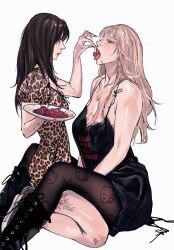Rule 34 | 2girls, aespa, alternate breast size, arm tattoo, black dress, black footwear, black nails, blonde hair, boots, breasts, brown hair, cbb (tuucoo), cheetah print, cherry, cleavage, collarbone, dress, english text, feeding, food, fruit, grey eyes, grey footwear, hello kitty, hello kitty (character), highres, holding, holding food, holding fruit, holding plate, juice, k-pop, karina (aespa), large breasts, leg tattoo, long hair, mole, mole under mouth, multiple girls, nail polish, open mouth, pink lips, plate, print dress, real life, red lips, sanrio, shoes, simple background, sitting, sitting between lap, small breasts, sneakers, tattoo, tongue, tongue out, white background, winter (aespa), yuri