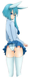 Rule 34 | 1girl, blue eyes, blue hair, emukon, from behind, glaceon, long hair, long image, looking at viewer, looking back, matching hair/eyes, panties, pantyshot, personification, pokemon, school uniform, scowl, skirt, solo, tall image, thighhighs, turn around, underwear, upskirt