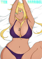 1girl armpits arms_up bleach blonde_hair bra breast_tattoo breasts colored_eyelashes dark-skinned_female dark_skin espada facial_mark green_eyes kramz large_breasts looking_at_viewer lying number_tattoo on_back on_bed panties purple_bra purple_panties sidelocks tattoo tier_harribel underwear