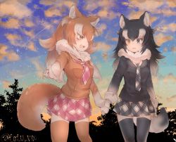 Rule 34 | 10s, 2girls, animal ears, blue eyes, commentary request, fangs, fur collar, gloves, grey wolf (kemono friends), holding hands, heterochromia, japanese wolf (kemono friends), kemono friends, long hair, multicolored hair, multiple girls, neckerchief, necktie, open mouth, pleated skirt, pointing, shooting star, skirt, tail, tatsuno newo, thighhighs, twilight, wolf ears, wolf tail, yellow eyes, zettai ryouiki