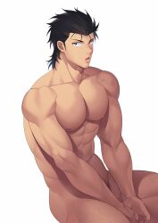 Rule 34 | 1boy, :o, abs, absurdres, bara, black hair, borrowed character, completely nude, highres, large pectorals, leg hair, male focus, muscular, muscular male, navel, nipples, nude, original, p3ta (yio), pectorals, short hair, simple background, solo, white background