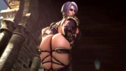 Rule 34 | 1girl, 3d, animated, animated gif, ass, ass shake, breasts, huge ass, isabella valentine, large breasts, looking at viewer, looking back, noname55, purple hair, short hair, skindentation, soul calibur, thick thighs, thighs