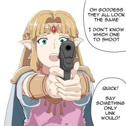 1girl, aiming, armor, armored dress, automatic giraffe, brown hair, cape, circlet, commentary, dress, earrings, english commentary, english text, finger on trigger, forehead jewel, green eyes, gun, handgun, holding, holding gun, holding weapon, jewelry, meme, nintendo, pauldrons, pink dress, pistol, pointy ears, princess zelda, revision, shoulder armor, solo, speech bubble, the legend of zelda, the legend of zelda: a link between worlds, time paradox, triangle earrings, triforce, upper teeth, weapon, white background, white cape