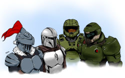 Rule 34 | 4boys, animification, armor, bd77, blue background, commentary, cropped torso, crossover, din djarin, doom (series), doomguy, english commentary, faceless, faceless male, goblin slayer, goblin slayer!, halo (game), halo (series), looking ahead, looking to the side, male focus, master chief, me and the boys (meme), meme, multiple boys, multiple crossover, plume, power armor, spartan (halo), star wars, the mandalorian, trait connection, visor