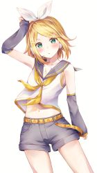 Rule 34 | 1girl, absurdres, belt, blonde hair, blue sailor collar, blue shorts, blue sleeves, blush, bow, collarbone, detached sleeves, green eyes, hair bow, hair ornament, hairclip, hand on own head, headset, highres, kagamine rin, looking at viewer, navel, neckerchief, sailor collar, shirt, short hair, shorts, sidelocks, simple background, sleeveless, sleeveless shirt, solo, treble clef, vocaloid, white background, white bow, white shirt, yellow belt, yellow neckerchief, yuunamida uyu