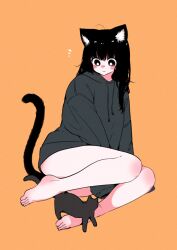 Rule 34 | 1girl, :3, ahoge, animal ear fluff, animal ears, bare legs, barefoot, between legs, black cat, black eyes, black hair, blush stickers, bottomless, bright pupils, cat, cat ears, cat girl, cat tail, full body, highres, legs, looking at another, megateru, no pants, nose, notice lines, orange background, original, oversized clothes, sitting, sleeves past fingers, sleeves past wrists, solo, tail, thighs, white pupils, yokozuwari