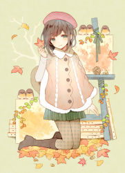 Rule 34 | 1girl, aran sweater, autumn leaves, beret, blush, boots, brown footwear, brown hair, cable knit, canvas (object), capelet, closed mouth, full body, green eyes, green skirt, hand up, hat, highres, knee boots, kneeling, kuroyuki, leaf, light smile, looking at viewer, maple leaf, miniskirt, original, pantyhose, plaid, skirt, smile, solo, sweater, unmoving pattern