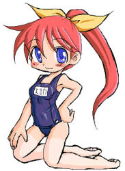 Rule 34 | 1girl, barefoot, blue eyes, blue one-piece swimsuit, blue school swimsuit, blush, breasts, collarbone, hair ribbon, hana (pangya), hand on own hip, kneeling, long hair, looking at viewer, marinba, name tag, one-piece swimsuit, one eye closed, pangya, ponytail, red hair, ribbon, school uniform, small breasts, smile, swimsuit, white background, yellow ribbon