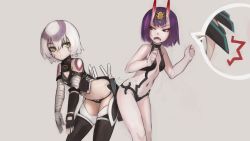 Rule 34 | 2girls, ^^^, ass, asymmetrical gloves, bandaged arm, bandages, bare arms, bare shoulders, black legwear, black panties, black shirt, breasts, bumping, cleavage cutout, clenched hands, closed mouth, clothing cutout, cropped shirt, d:, dagger, diadem, eyeshadow, fang, fate/apocrypha, fate/grand order, fate (series), fingerless gloves, gem, gloves, grey background, hair between eyes, hands up, highres, horns, jack the ripper (fate/apocrypha), knife, leaning forward, looking at another, looking at viewer, makeup, midriff, multiple girls, navel, oni, open mouth, paintrfiend, panties, revealing clothes, shirt, short hair, shoulder tattoo, shuten douji (fate), simple background, single fingerless glove, single glove, skin-covered horns, small breasts, standing, tattoo, thighhighs, underwear, uneven gloves, weapon, white hair, yellow eyes
