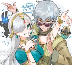 Rule 34 | 1boy, 1girl, ?, ??, anastasia (fate), blue nails, bracelet, breasts, dancing, doll, earrings, fate/grand order, fate (series), green eyes, grey hair, hair over one eye, hairband, indian clothes, jewelry, kadoc zemlupus, long hair, medium breasts, musical note, nail polish, necklace, ring, sunglasses, tekuteku aruko, viy (fate), yellow eyes